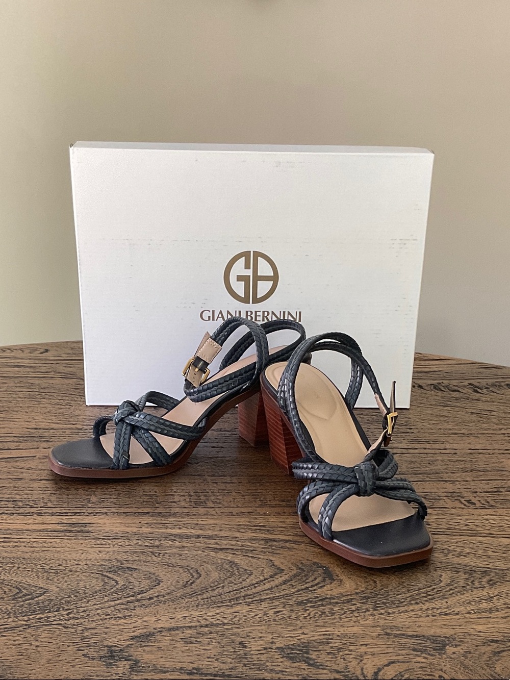 Giani Bernini Black Braided Leather Block Heel Sandals